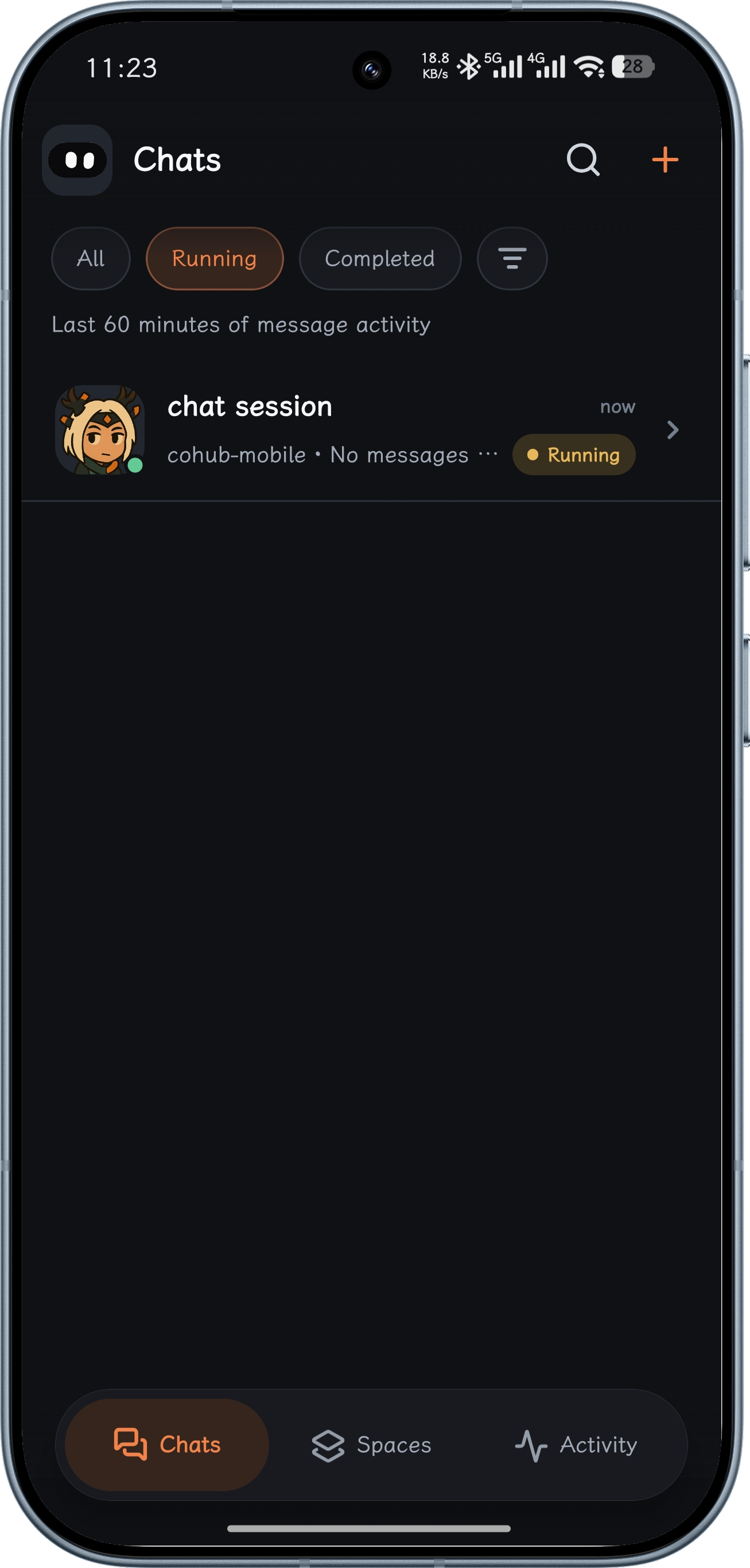 Cohub Chats inbox showing All, Running, and Completed filters with a running chat session