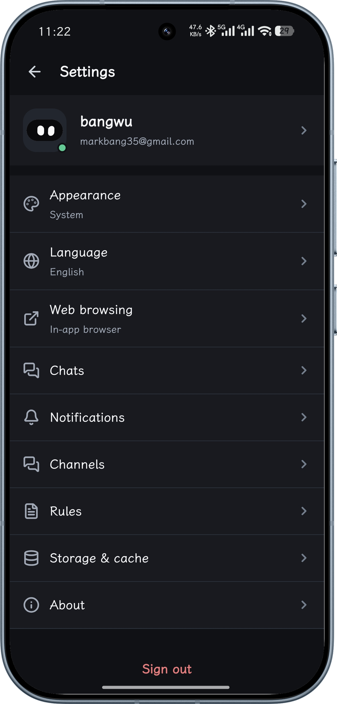 Cohub Settings screen with profile, appearance, language, notifications, rules, and storage sections
