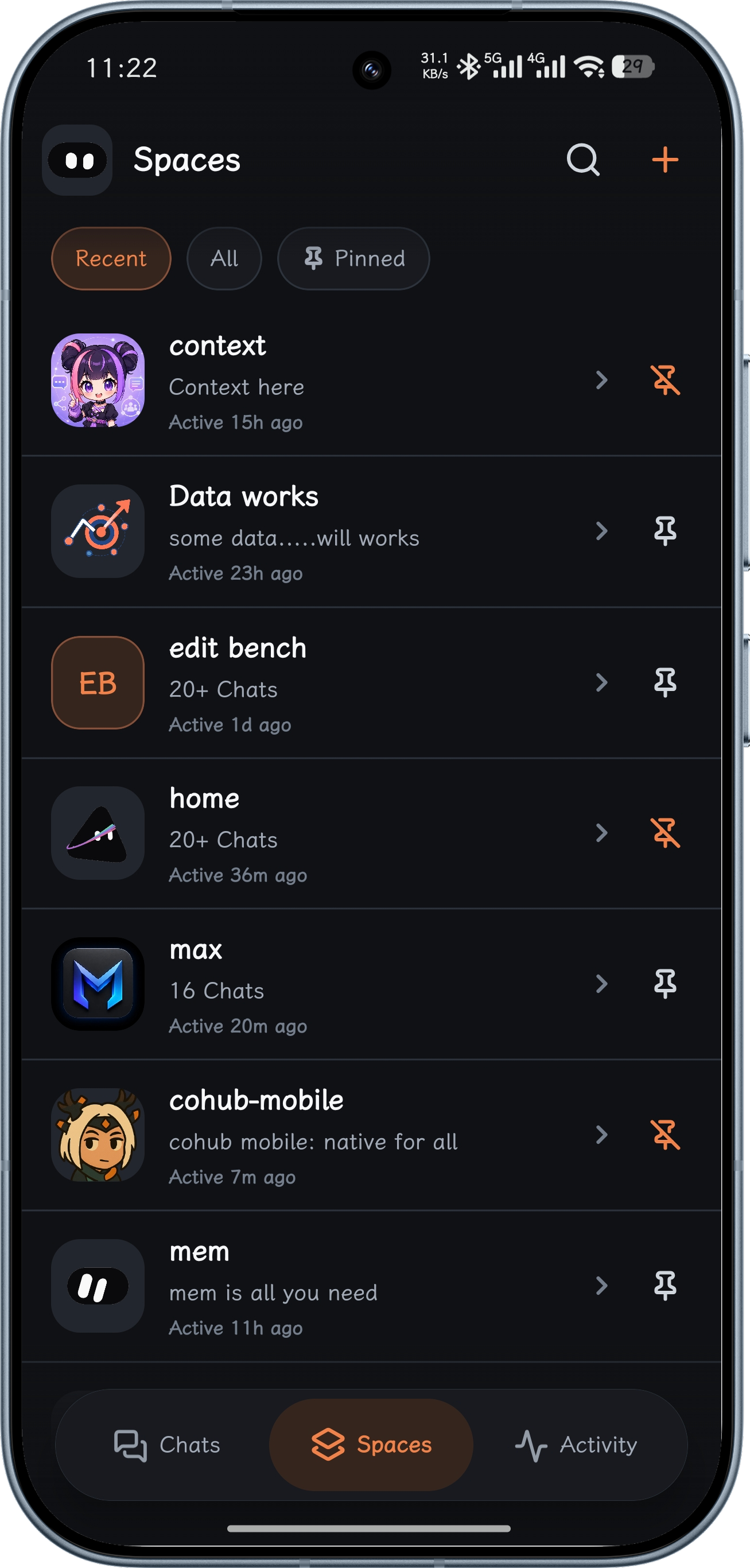 Cohub Spaces list with recent Spaces, chat counts, activity times, and pin controls